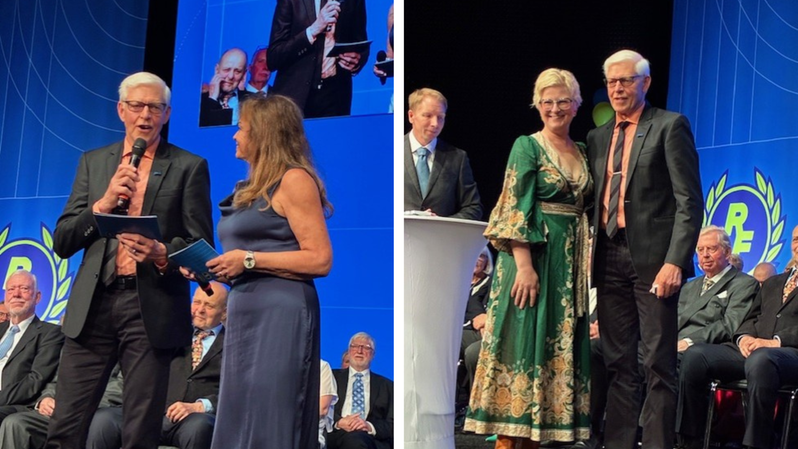 T.v. Rolf Hammar höll tacktalet från alla mottagare tillsammans med Anita Edlund, Svenska Ishockeyförbundet. T.h Rolf Hammar tilldelades medaljen av Anna Iwarsson, ordförande i RFFoto: Privat.